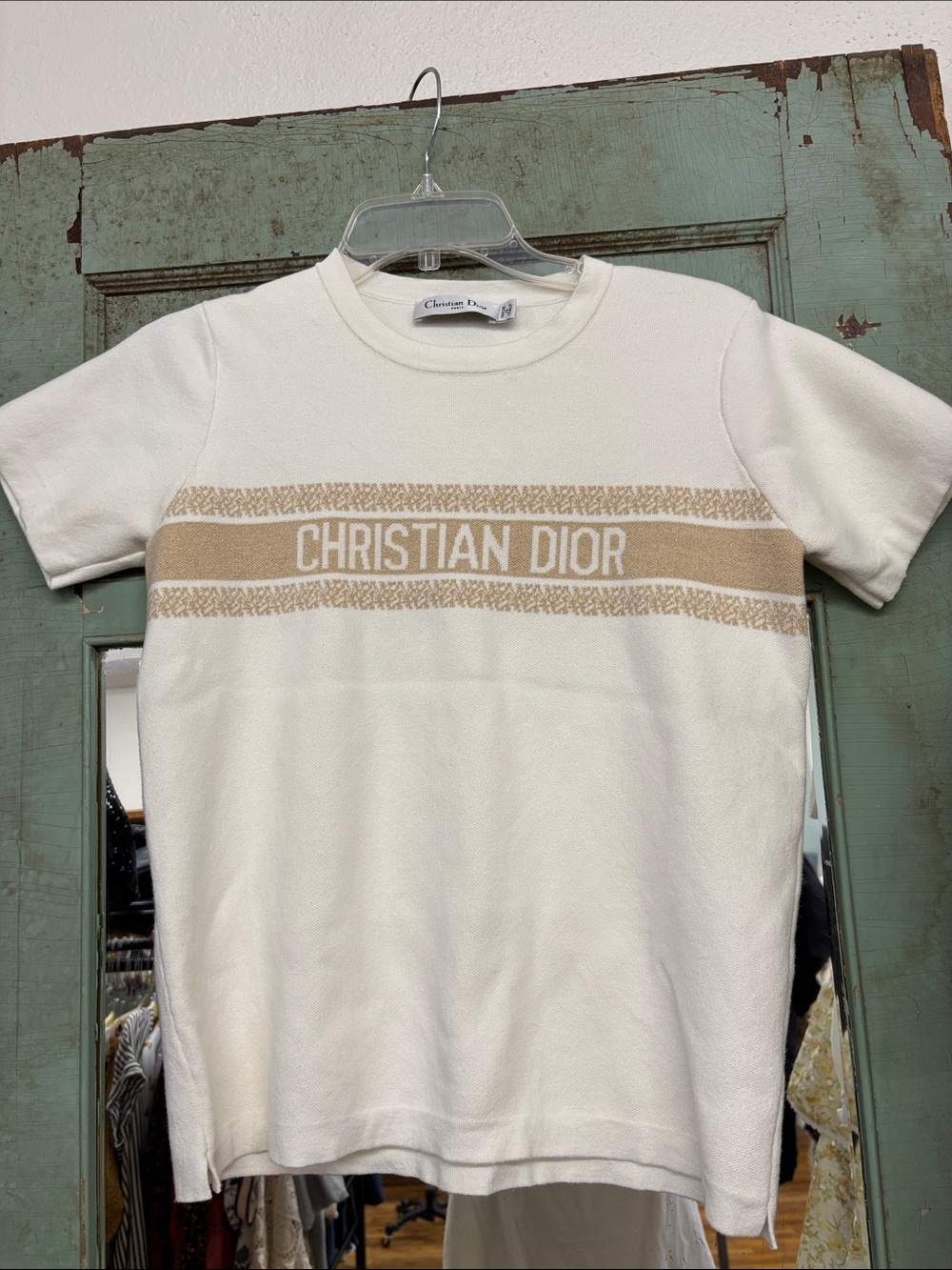 Dior Short-Sleeve Knit Tee with Beige Logo